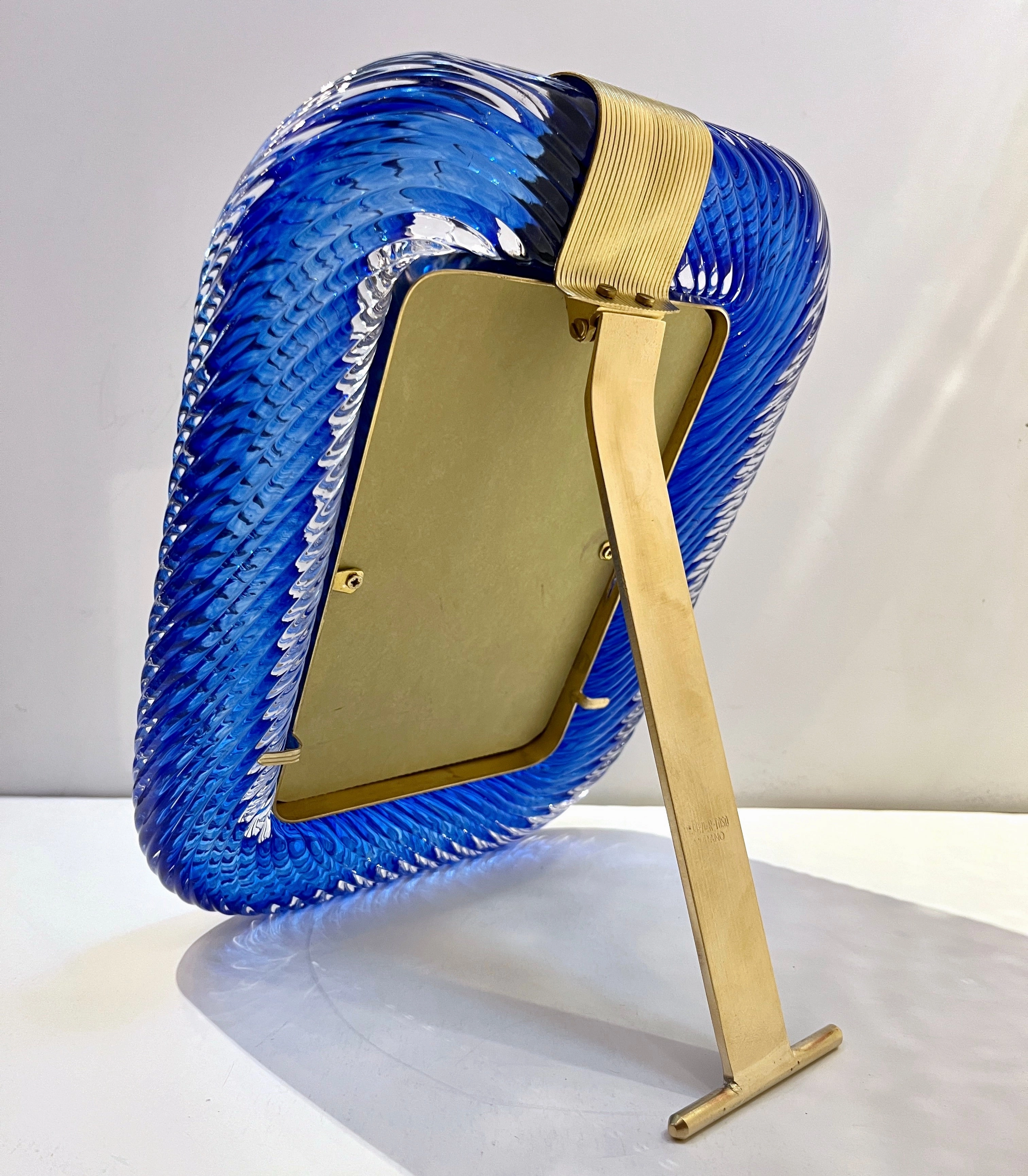 2000s Barovier Toso Italian Royal Blue Twisted Murano Glass Brass Picture Frame