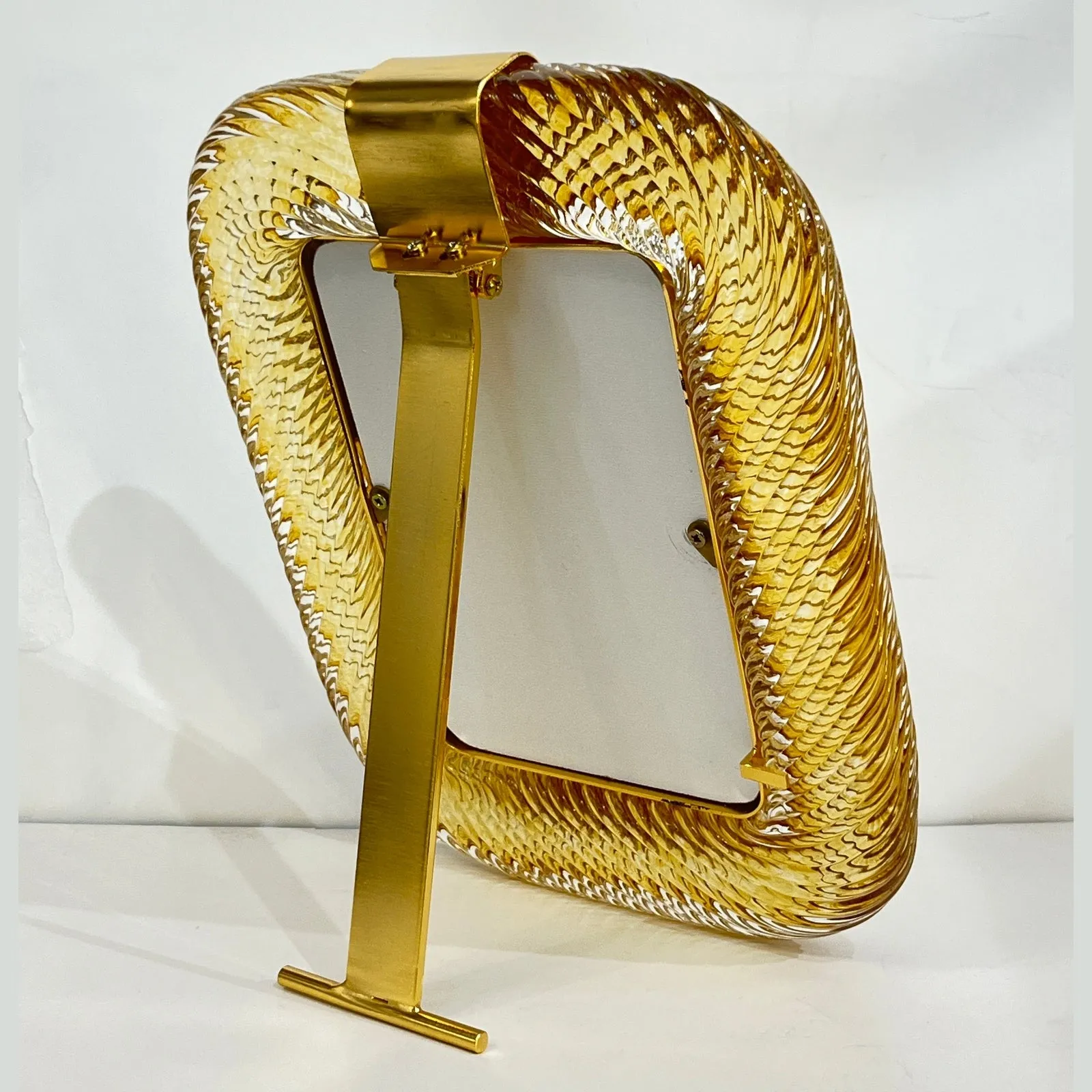2010 Modern Italian Gold Amber Crystal Twisted Murano Glass Brass Picture Frame