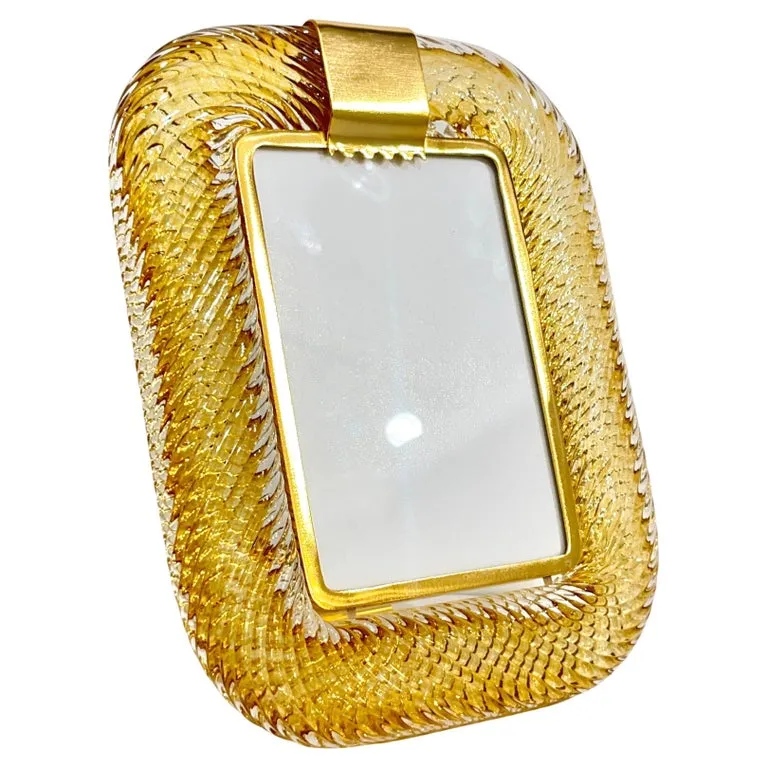 2010 Modern Italian Gold Amber Crystal Twisted Murano Glass Brass Picture Frame 