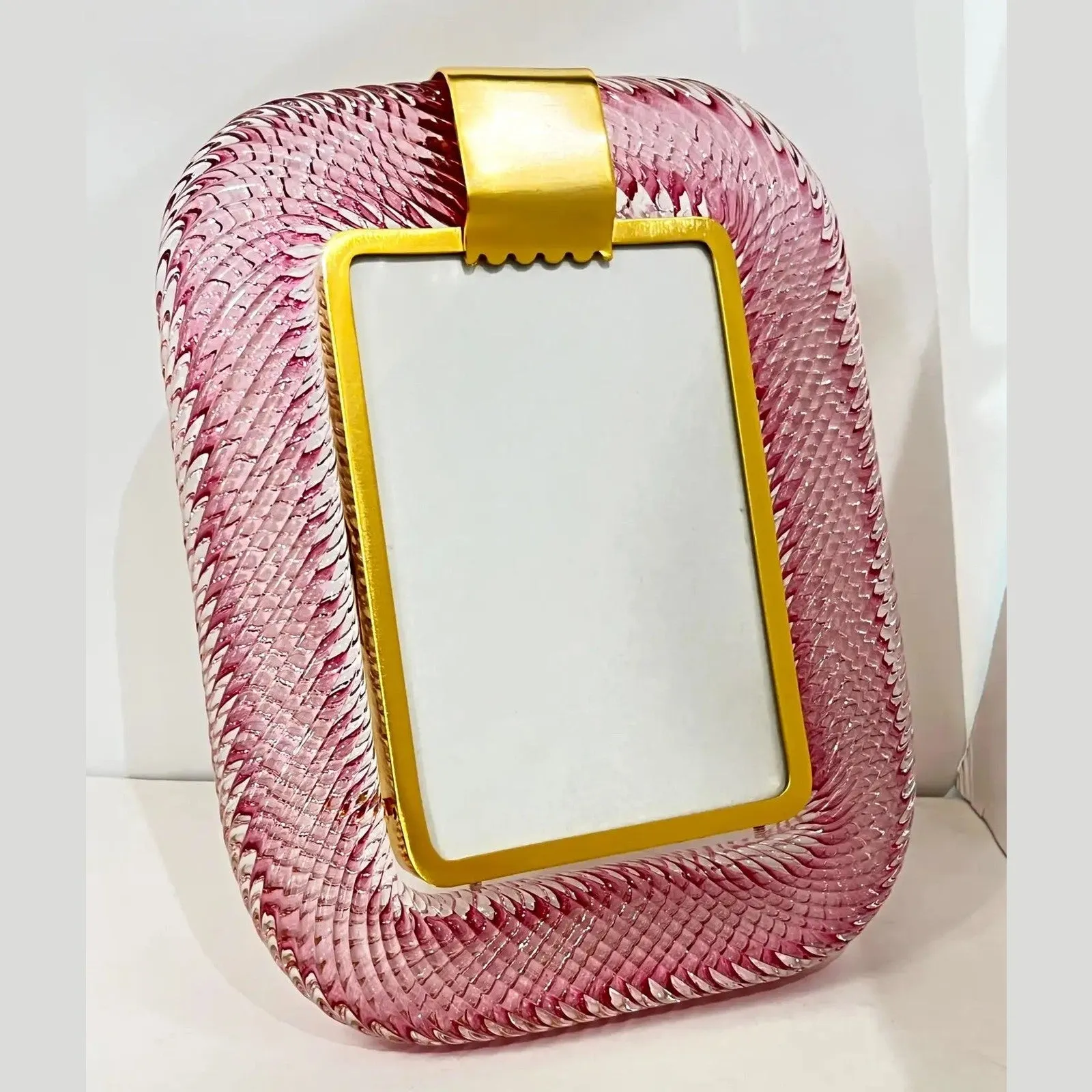 2010 Modern Italian Rose Pink Crystal Twisted Murano Glass Brass Picture Frame