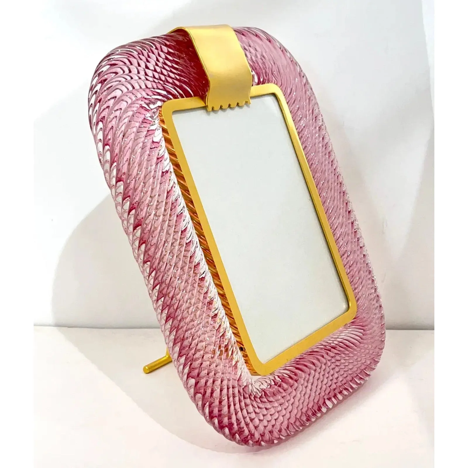 2010 Modern Italian Rose Pink Crystal Twisted Murano Glass Brass Picture Frame