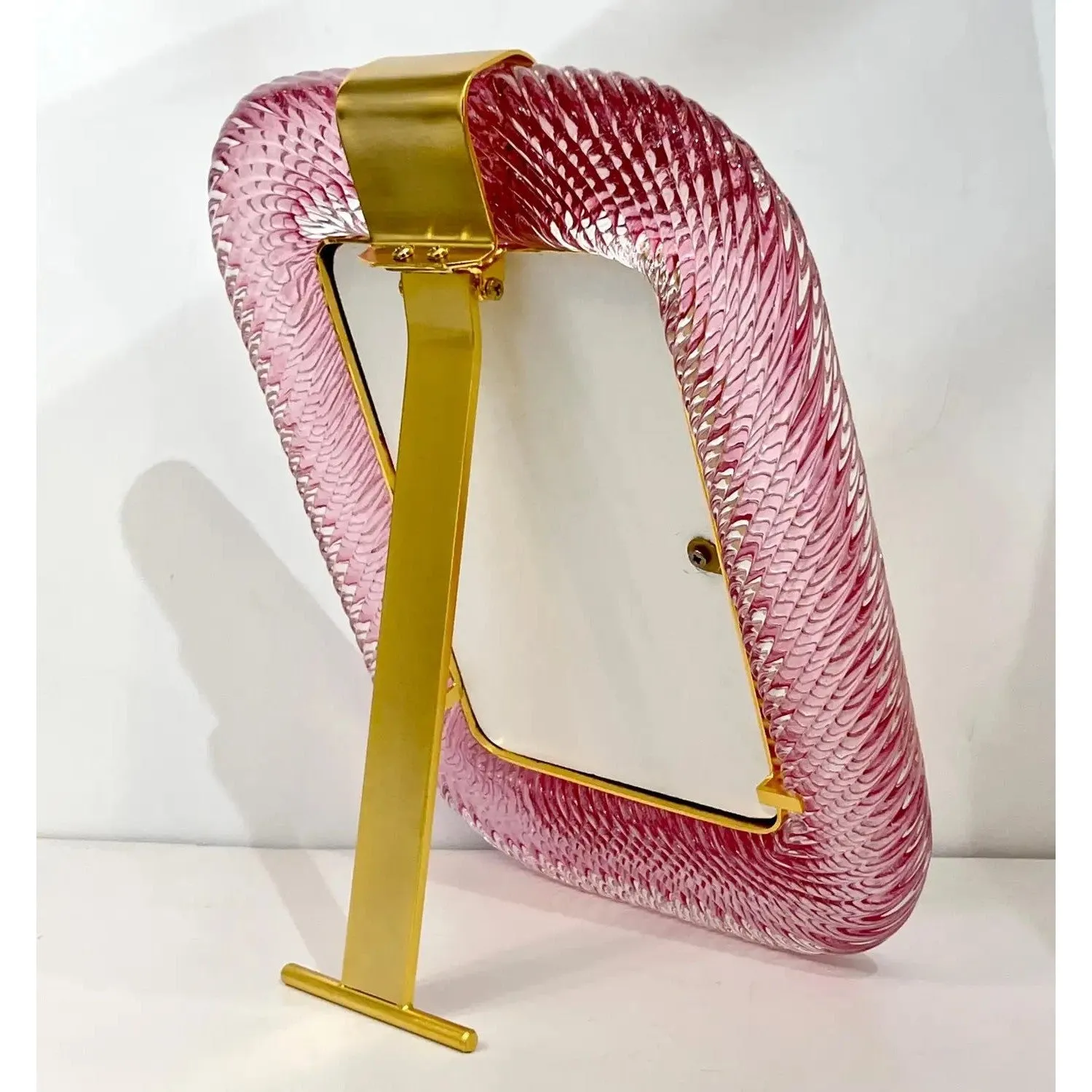 2010 Modern Italian Rose Pink Crystal Twisted Murano Glass Brass Picture Frame