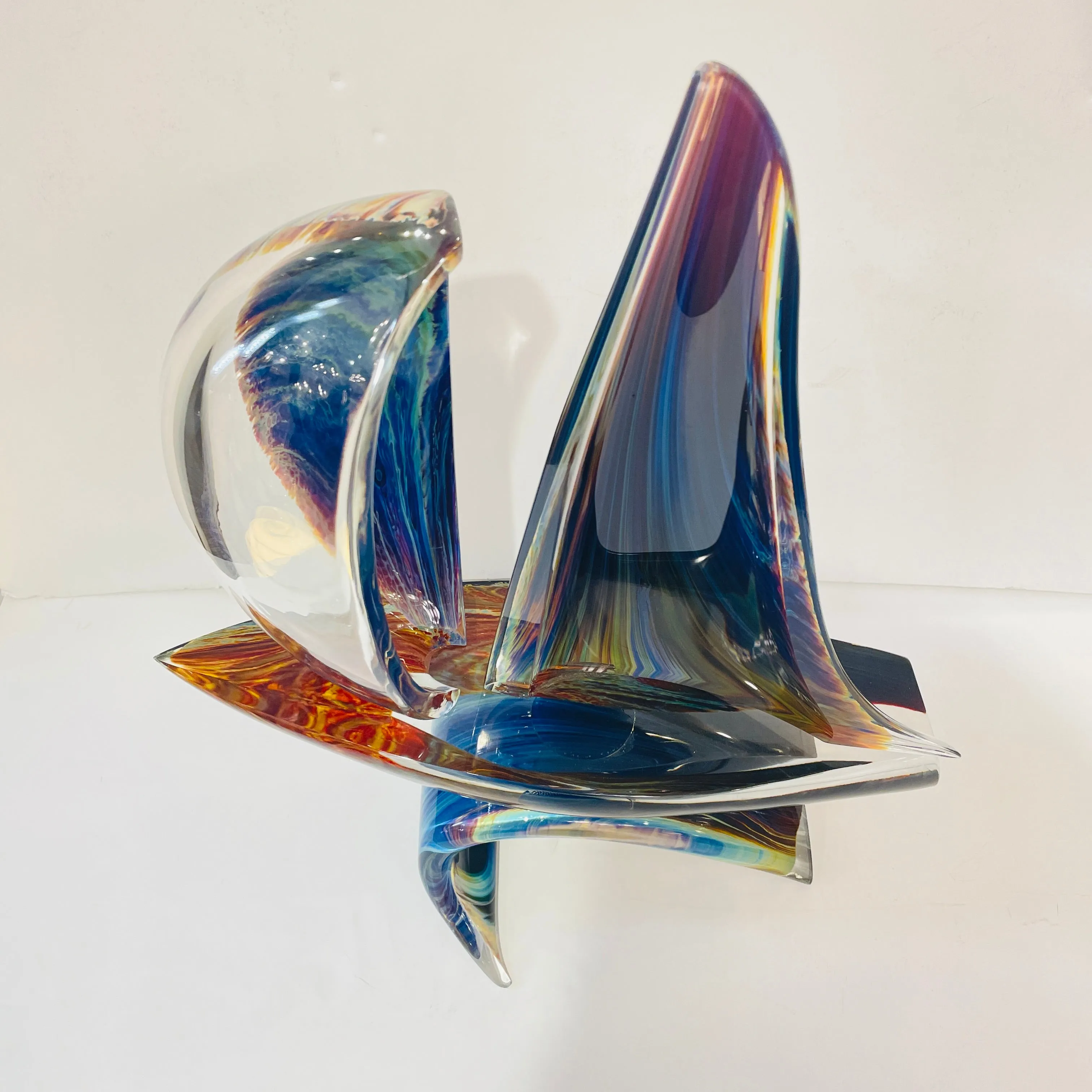 2015 Italian Yellow Blue Brown Crystal Murano Glass Boat Modernist Art Sculpture