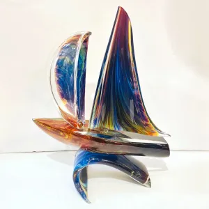 2015 Italian Yellow Blue Brown Crystal Murano Glass Boat Modernist Art Sculpture 