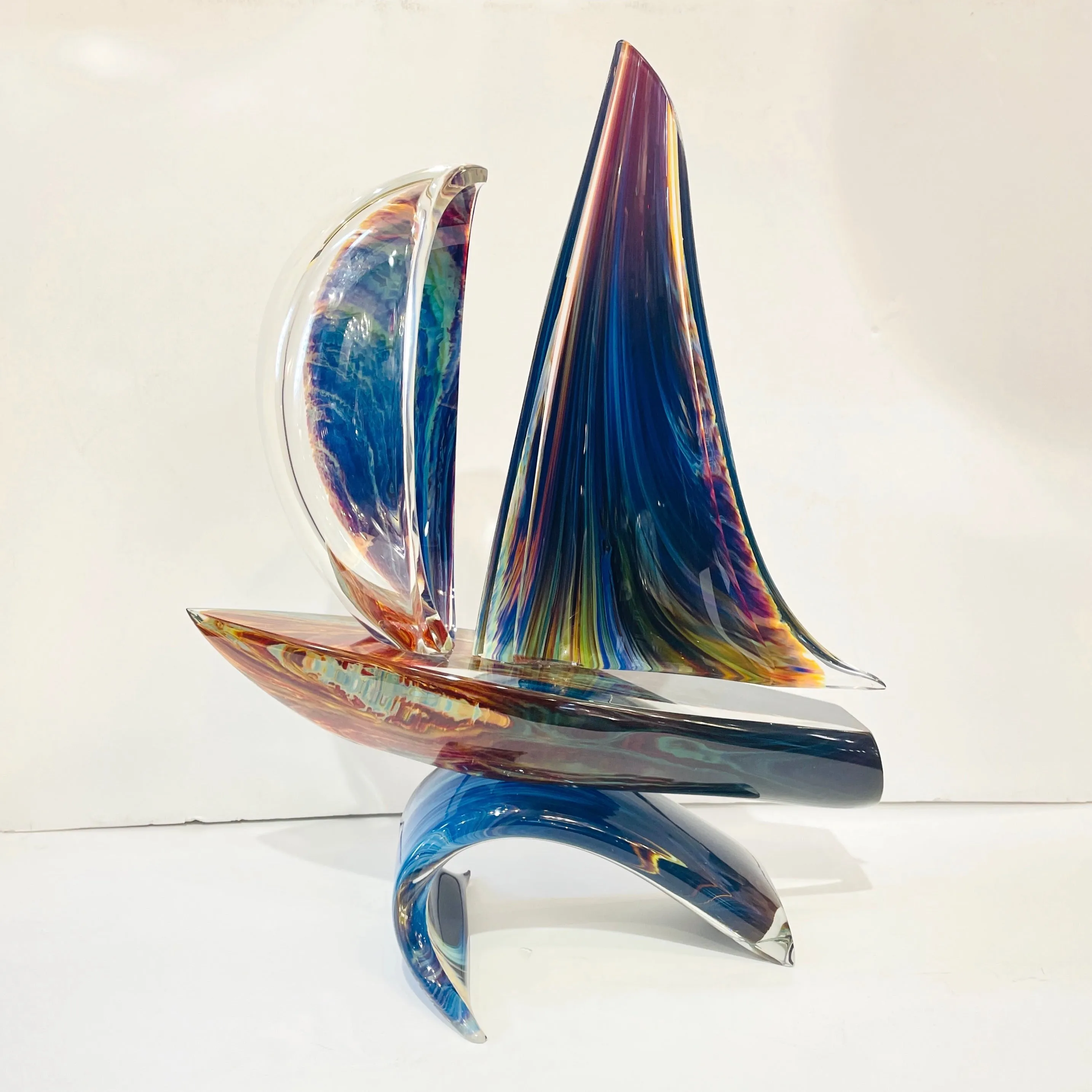 2015 Italian Yellow Blue Brown Crystal Murano Glass Boat Modernist Art Sculpture
