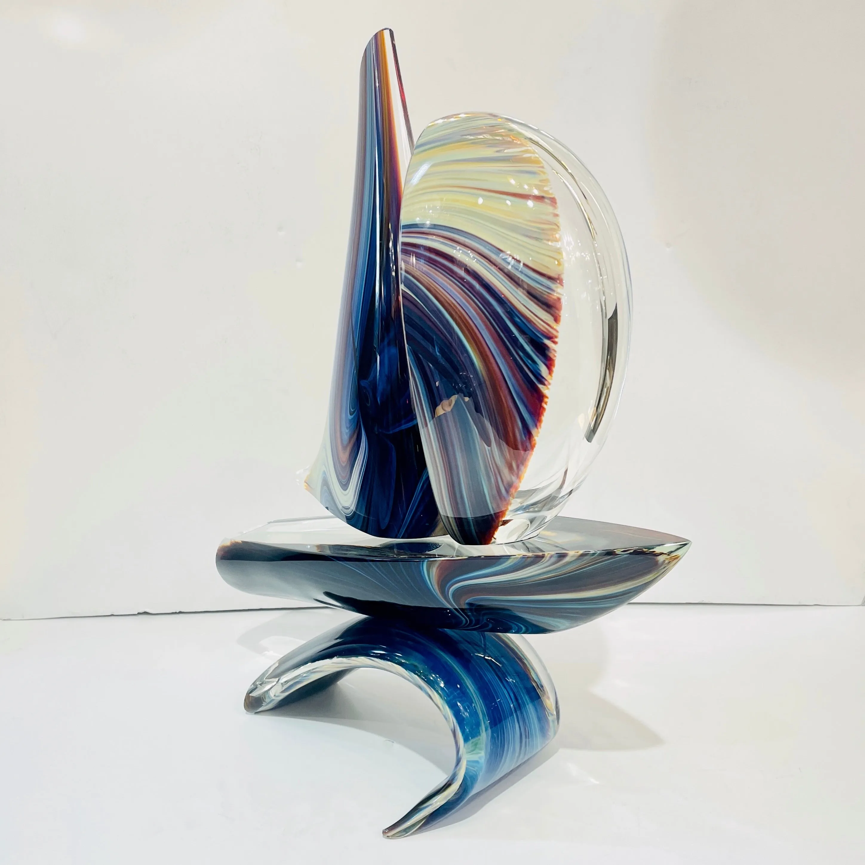 2015 Italian Yellow Blue Brown Crystal Murano Glass Boat Modernist Art Sculpture
