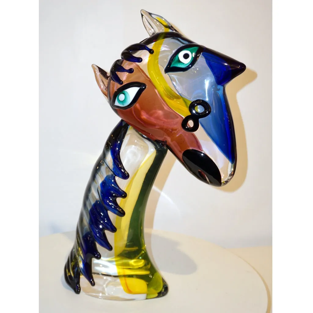 2018 Italian Picasso Style Yellow Blue Crystal Murano Glass Modernist Sculpture 