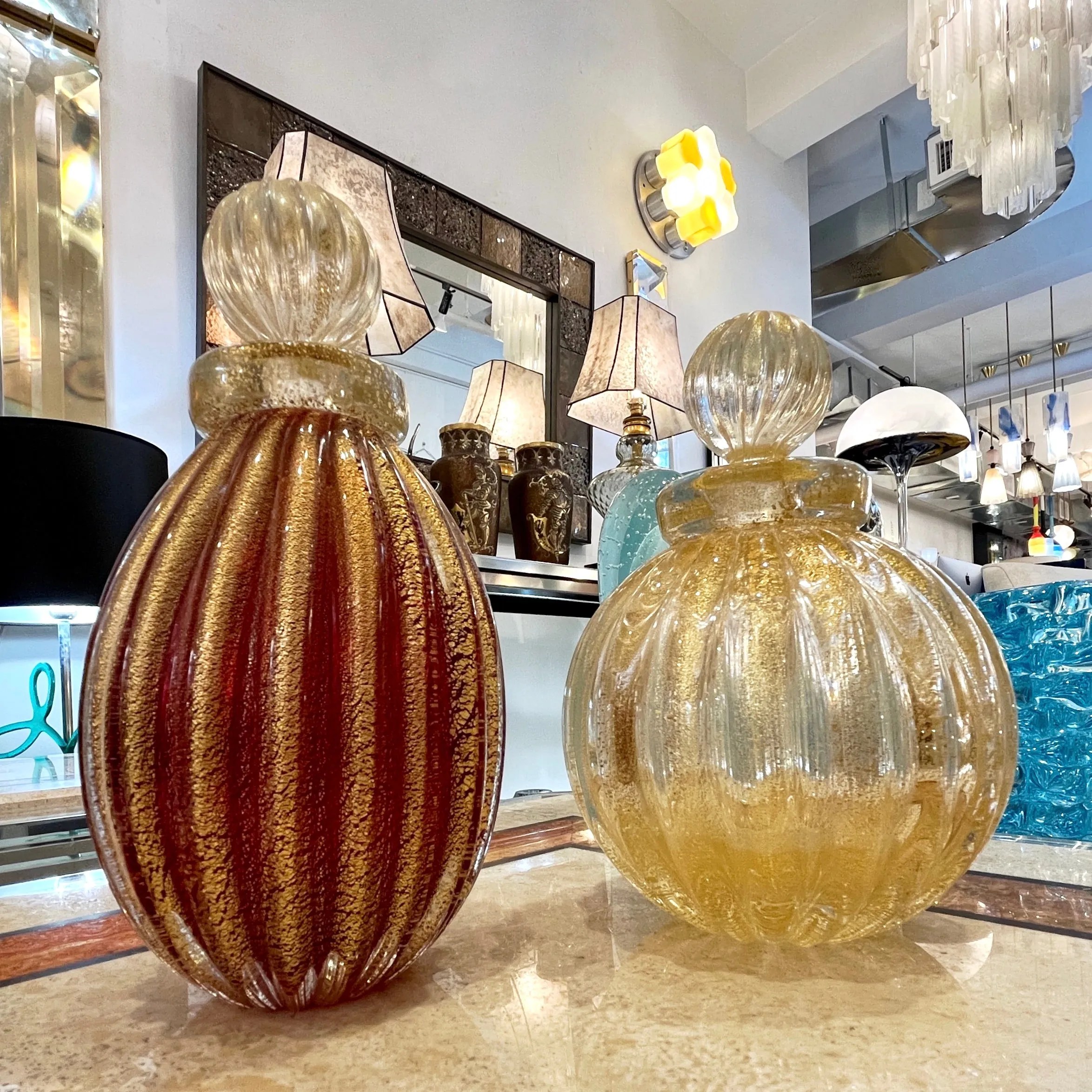 A. Don 1970s Vintage Italian Crystal & Gold Murano Glass Bottle with Stopper