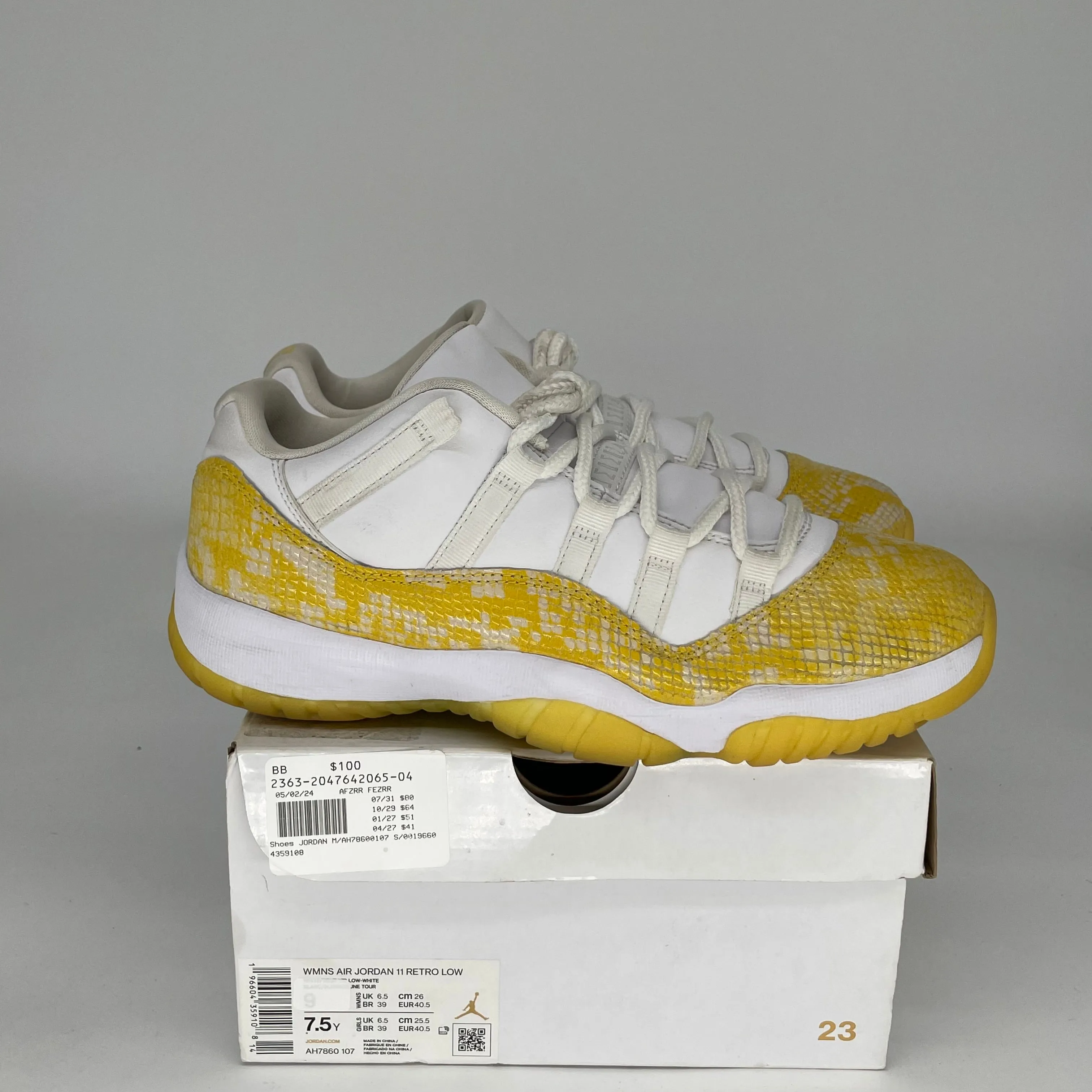 AIR JORDAN 11 LOW YELLOW SNAKESKIN W SIZE 7.5/9W AH7860-107