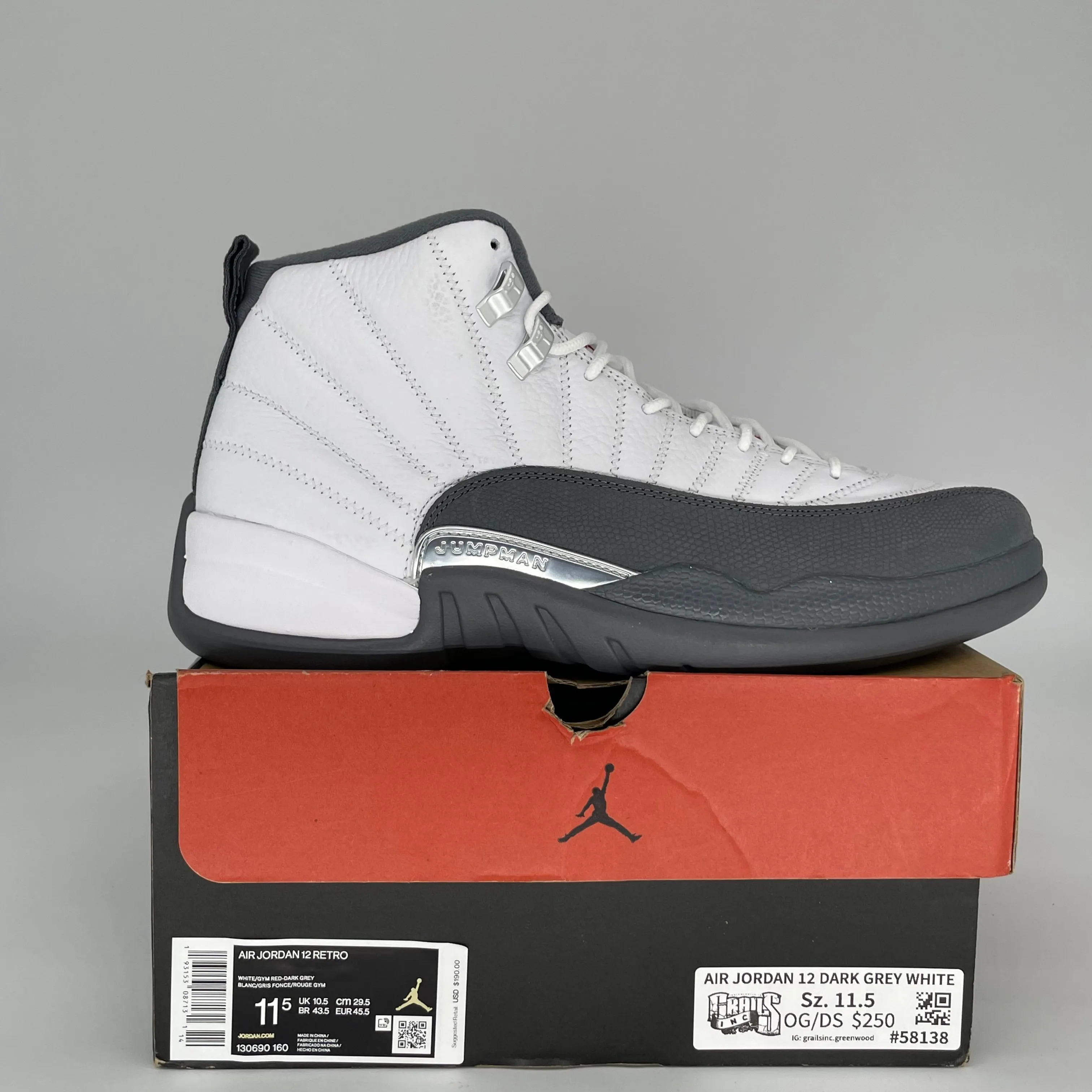 Air Jordan 12 Dark Grey White Size 11.5 130690-160
