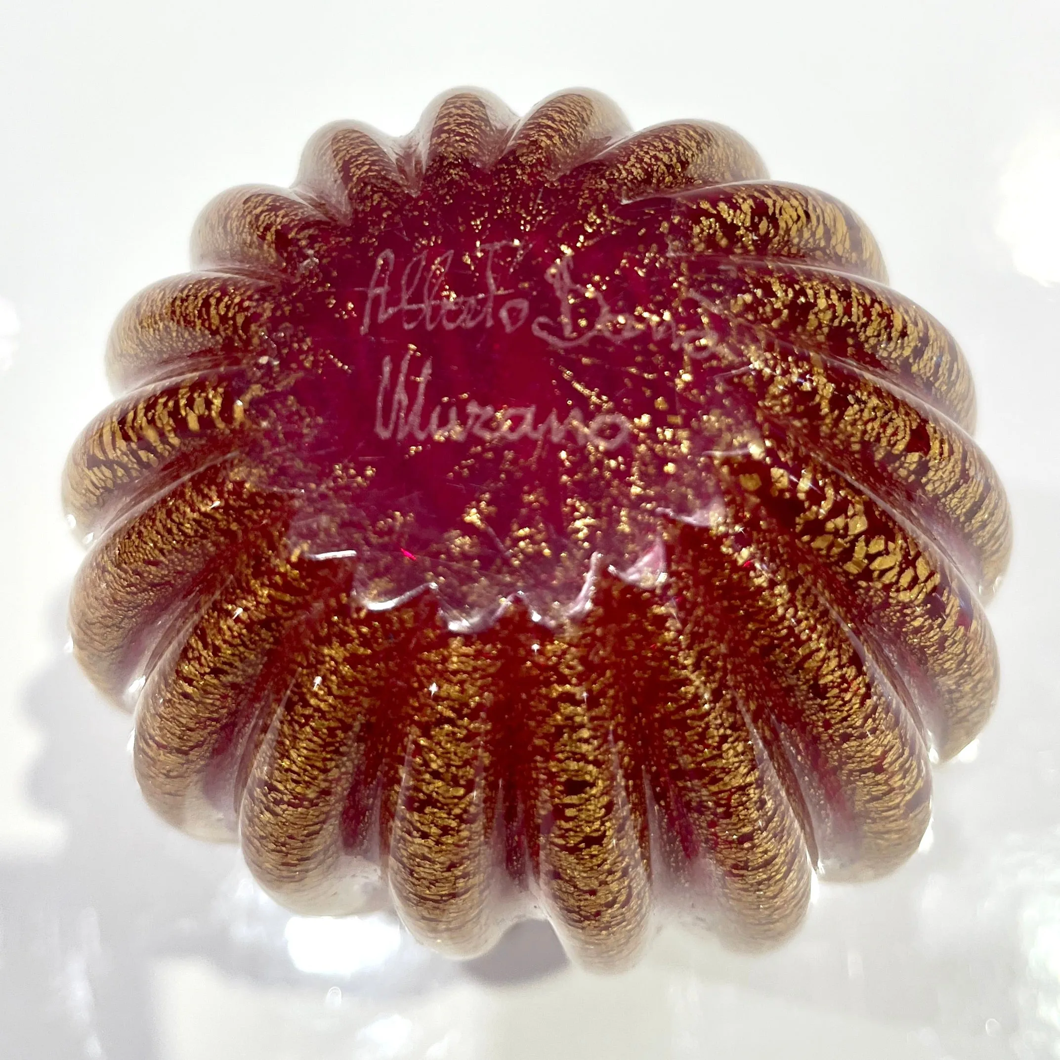 Alberto Don 1970s Vintage Italian Crystal Gold Ruby Red Murano Glass Bottle