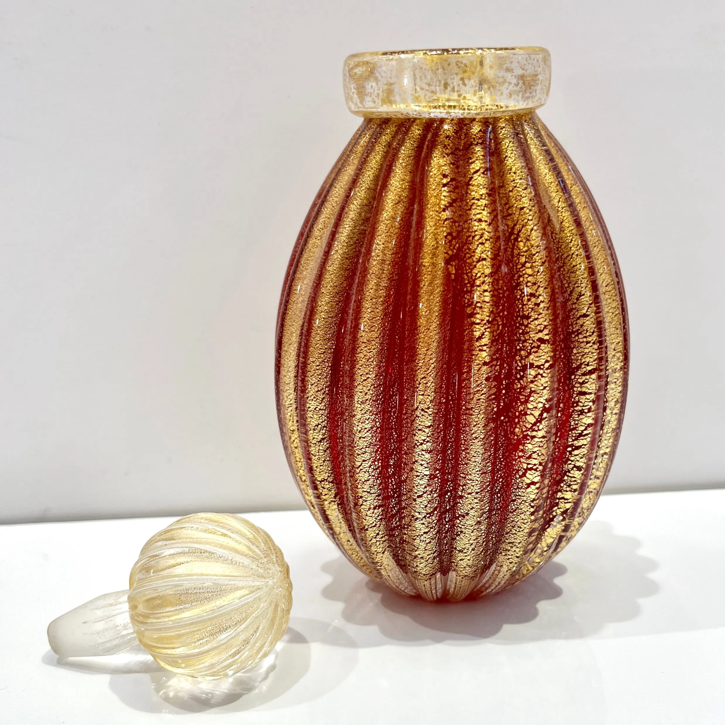 Alberto Don 1970s Vintage Italian Crystal Gold Ruby Red Murano Glass Bottle