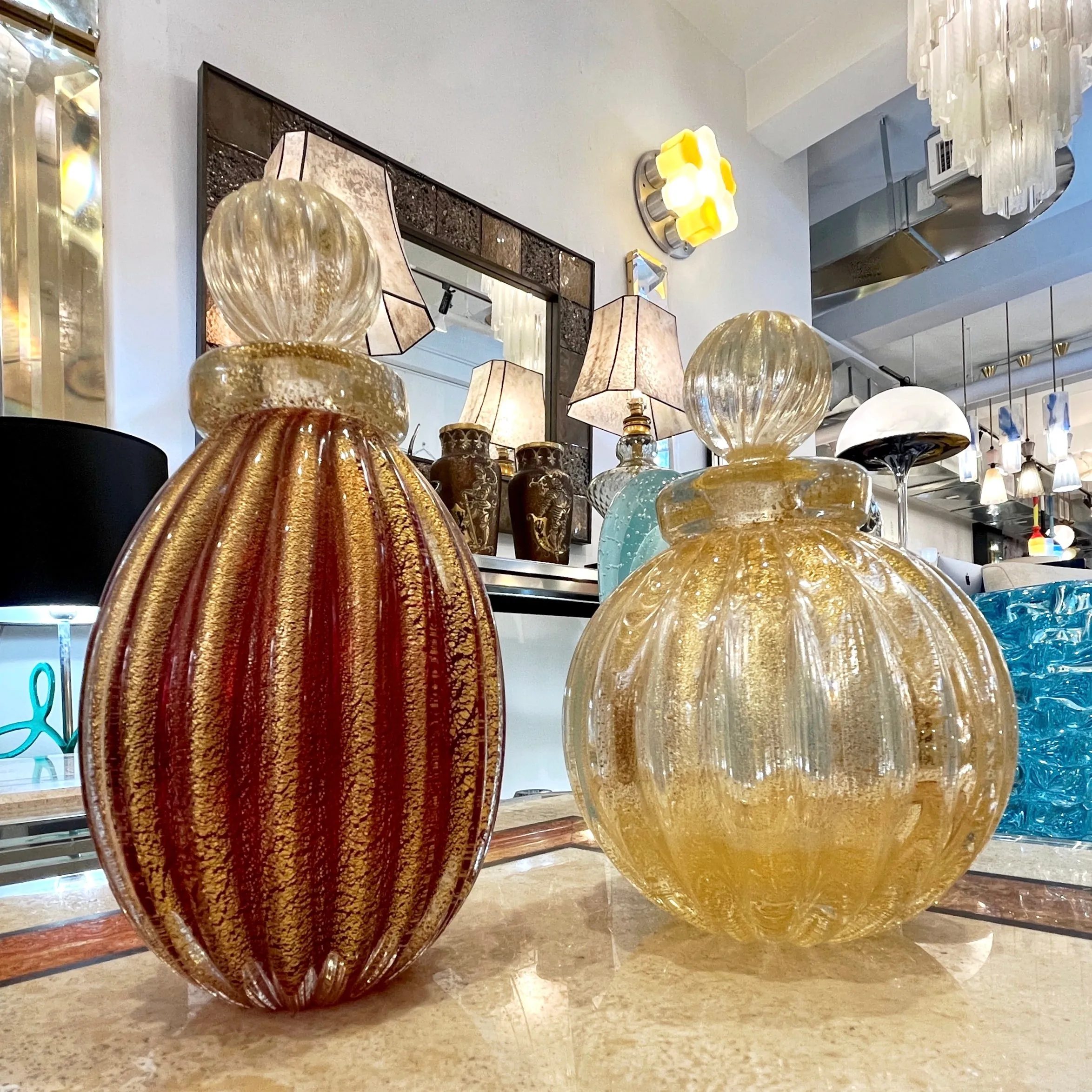 Alberto Don 1970s Vintage Italian Crystal Gold Ruby Red Murano Glass Bottle