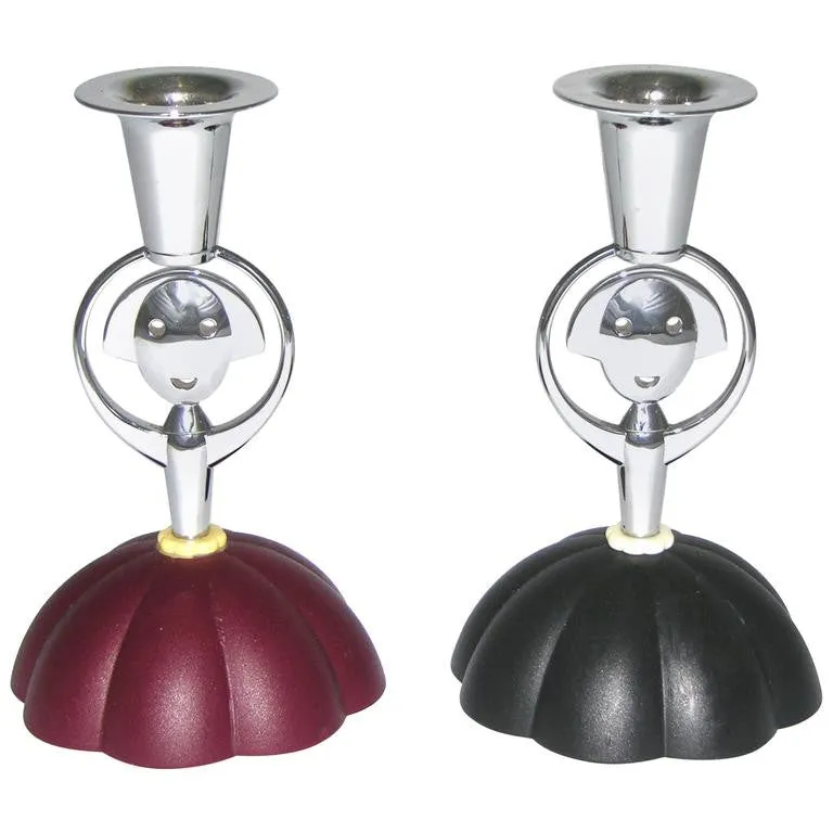 Alessi Alessandro Mendini 1999 Italian Pair of Red and Blue Chrome Candlesticks 