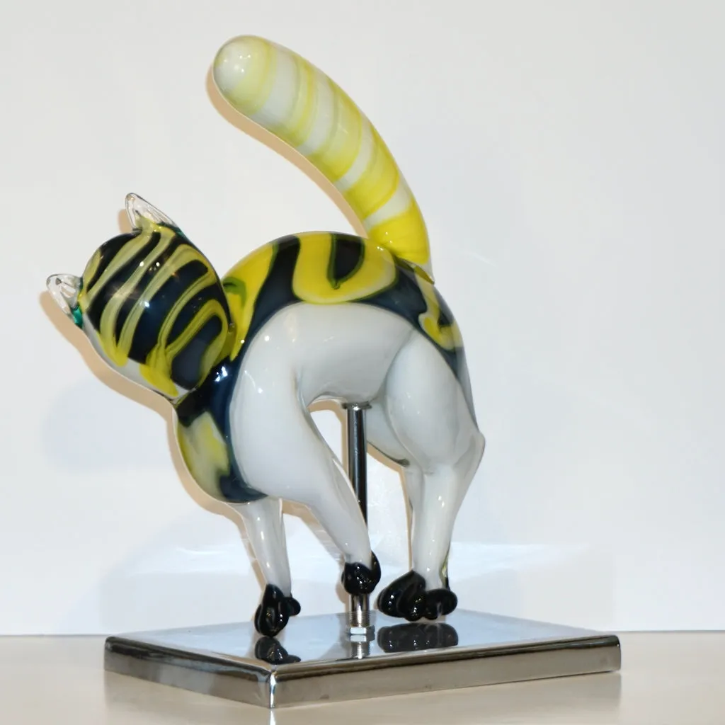Alfredo Barbini Italian Modernist White Yellow Murano Art Glass Cat Sculpture