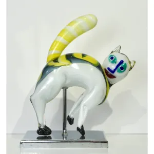Alfredo Barbini Italian Modernist White Yellow Murano Art Glass Cat Sculpture 