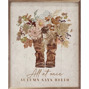 All At Once Autumn Says Hello Whitewash Wood Framed Print 