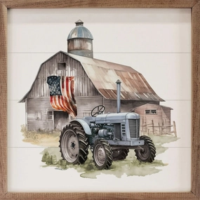 American Flag Barn Tractor Wood Framed Print 