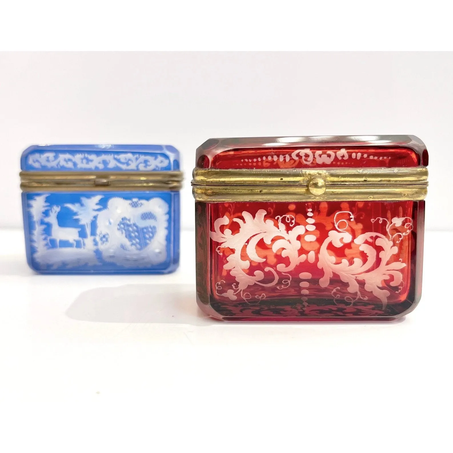 Antique Austrian Hinged Lid Ruby Red Bohemian Engraved Cut Crystal Trinket Box