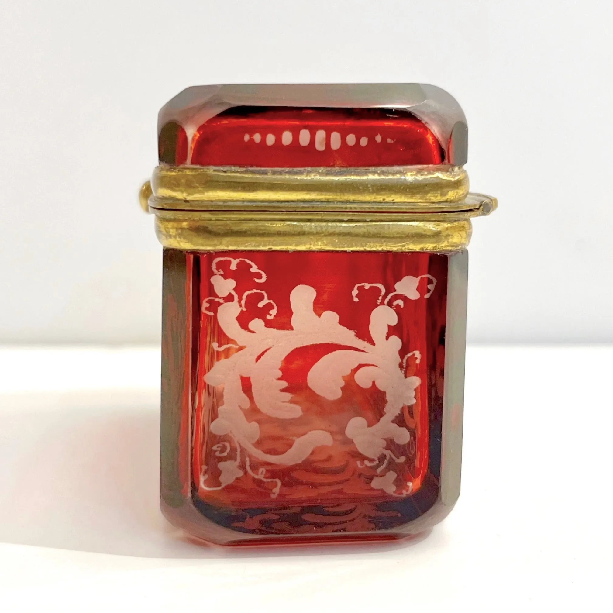 Antique Austrian Hinged Lid Ruby Red Bohemian Engraved Cut Crystal Trinket Box