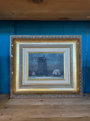 Antique Framed Windmill Painting 