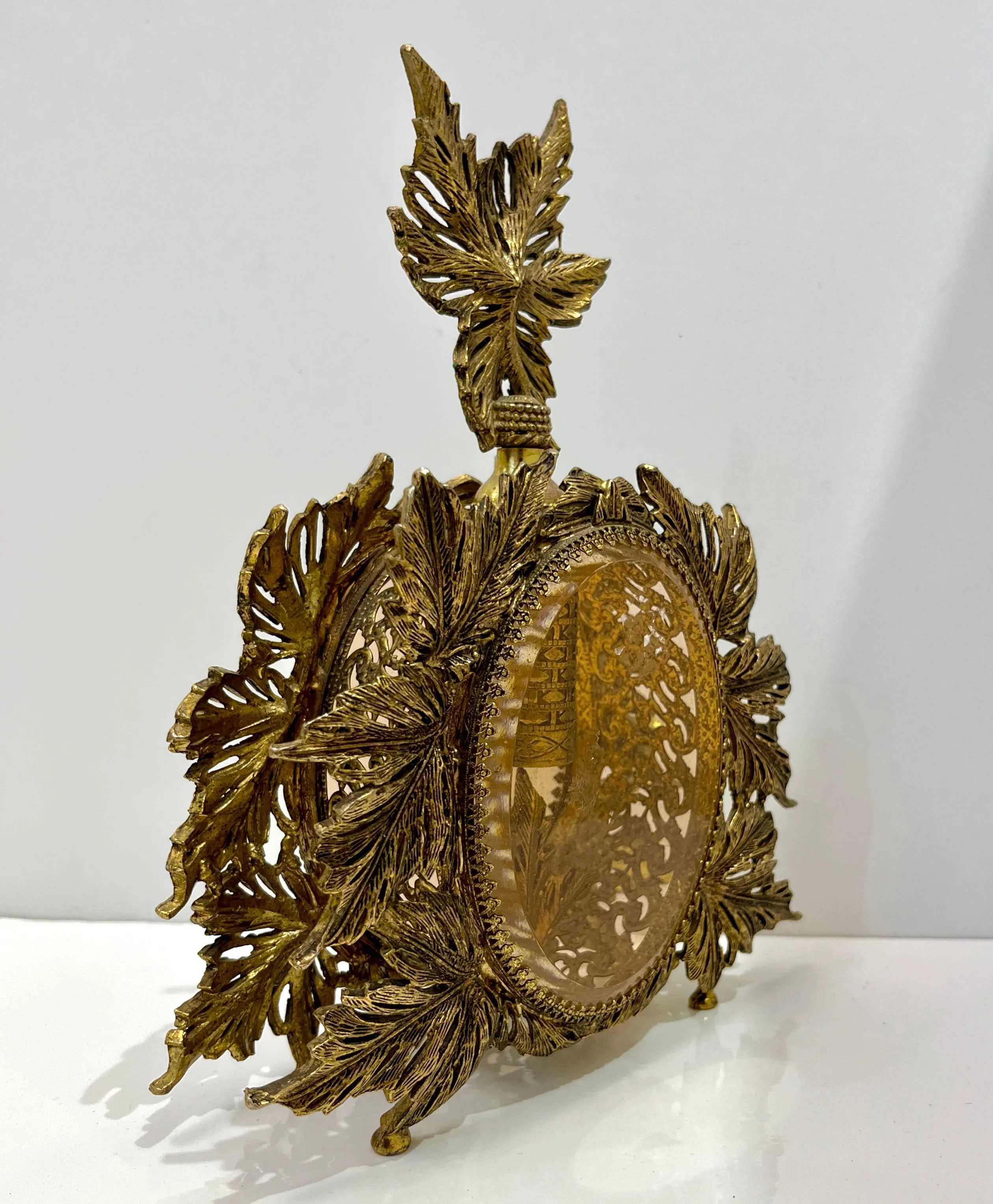 Antique French Pair of Gilt Brass Filigree & Glass Rococo Style Perfume Bottles