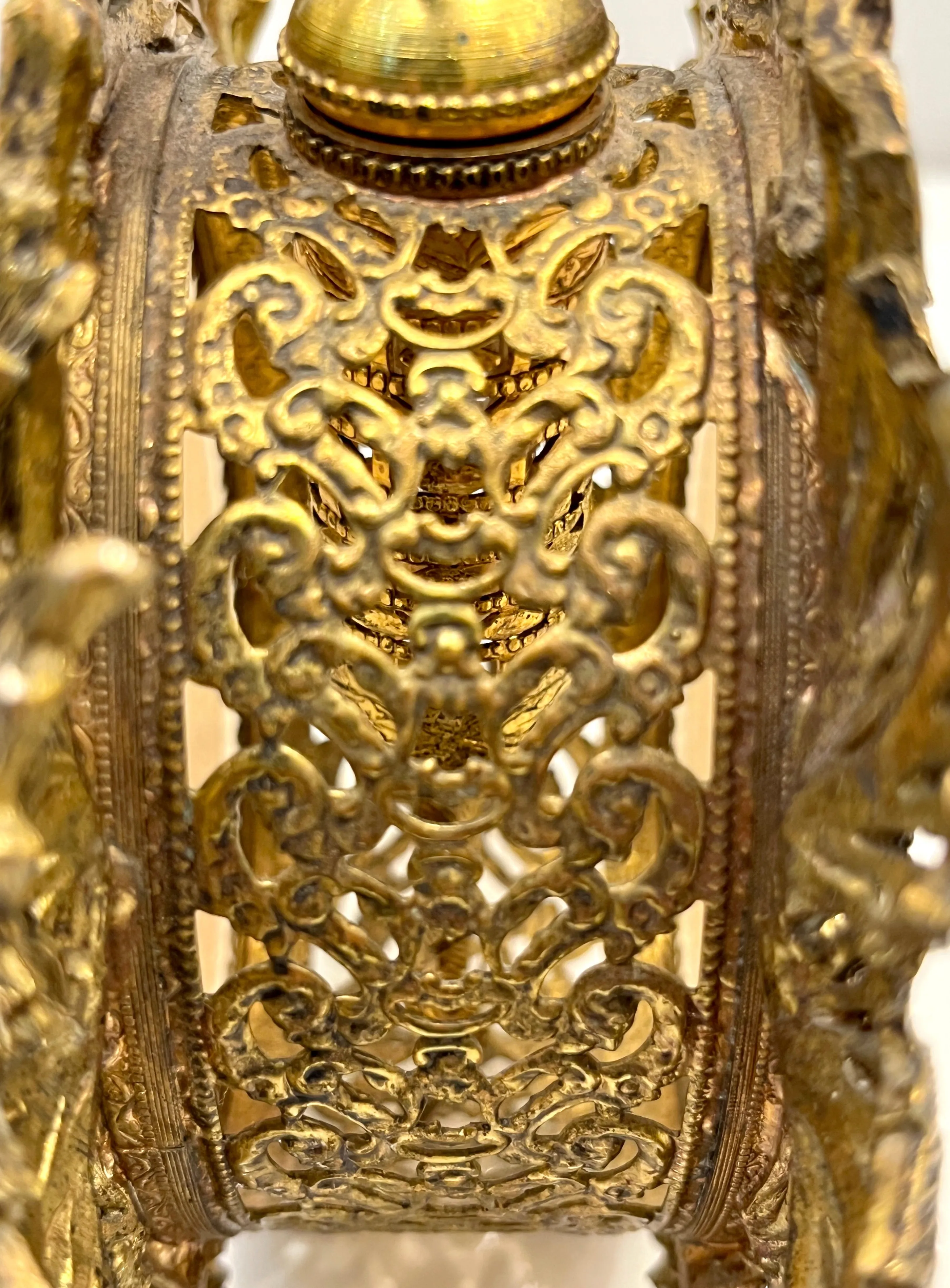 Antique French Pair of Gilt Brass Filigree & Glass Rococo Style Perfume Bottles