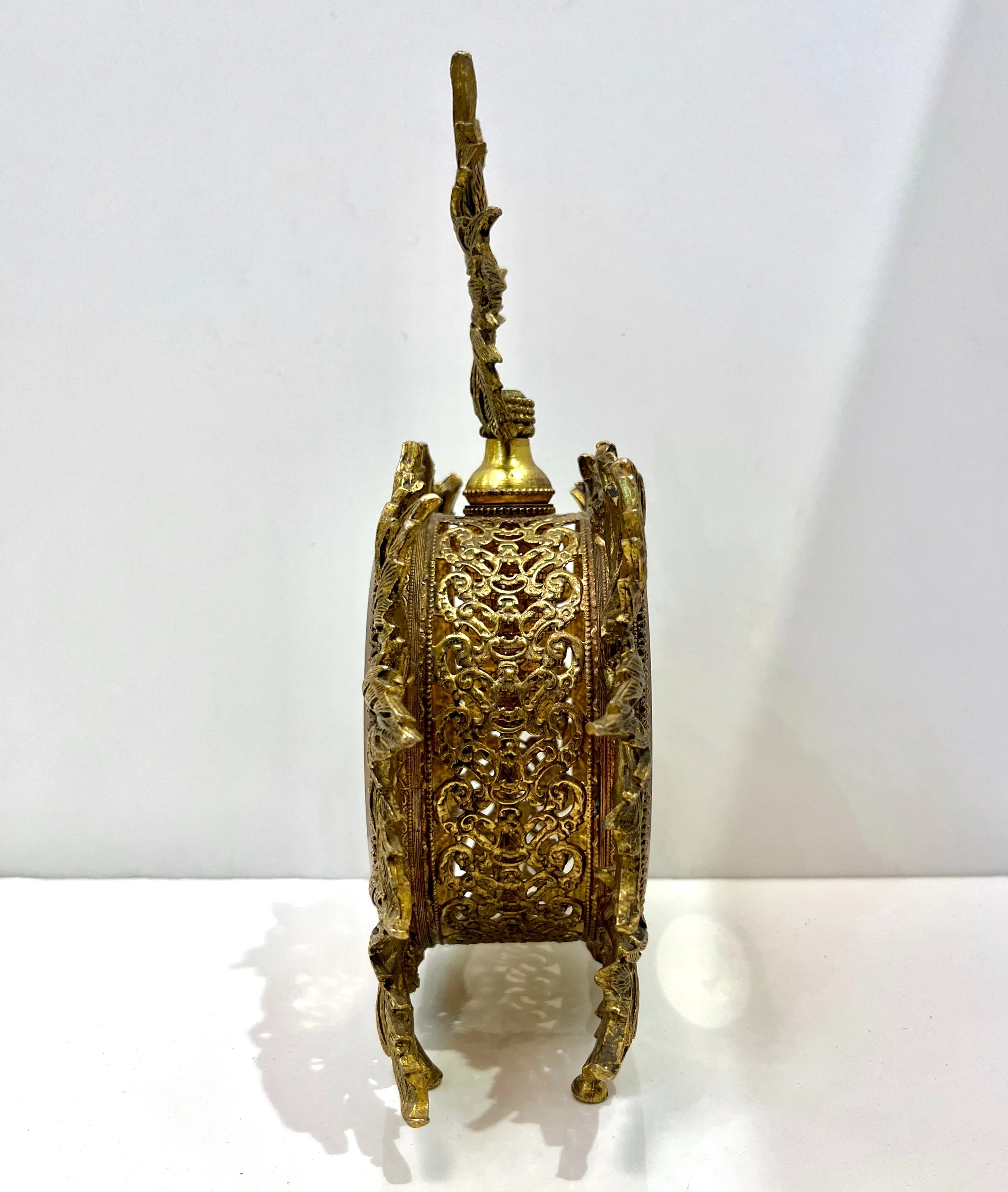 Antique French Pair of Gilt Brass Filigree & Glass Rococo Style Perfume Bottles