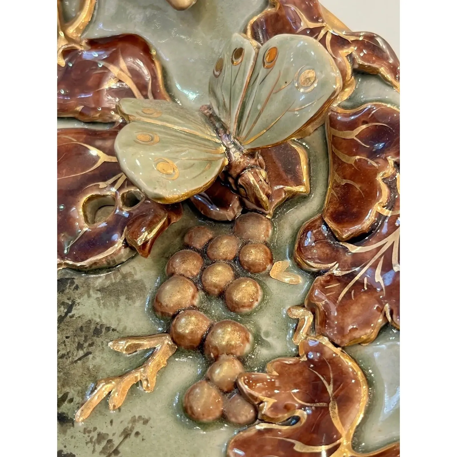 Antique Lunville French Green Brown Gold Majolica Butterfly Wall Pocket Vase