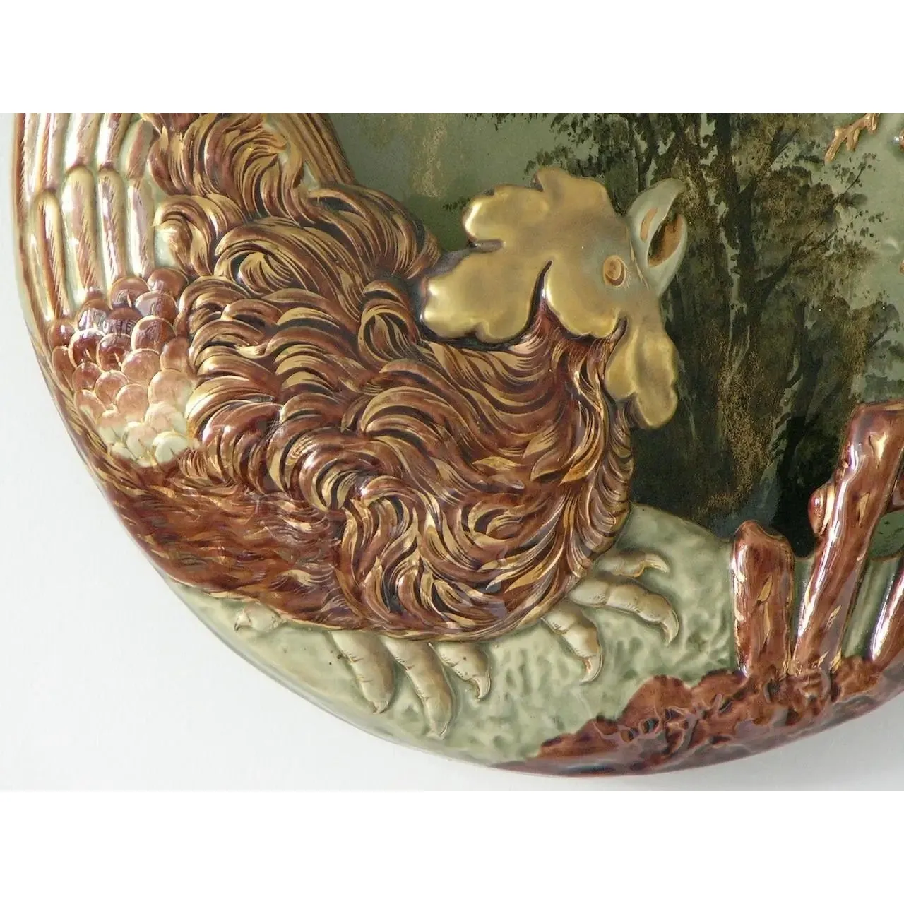 Antique Lunville French Green Brown Gold Majolica Butterfly Wall Pocket Vase