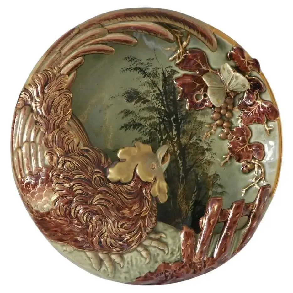 Antique Lunville French Green Brown Gold Majolica Butterfly Wall Pocket Vase 