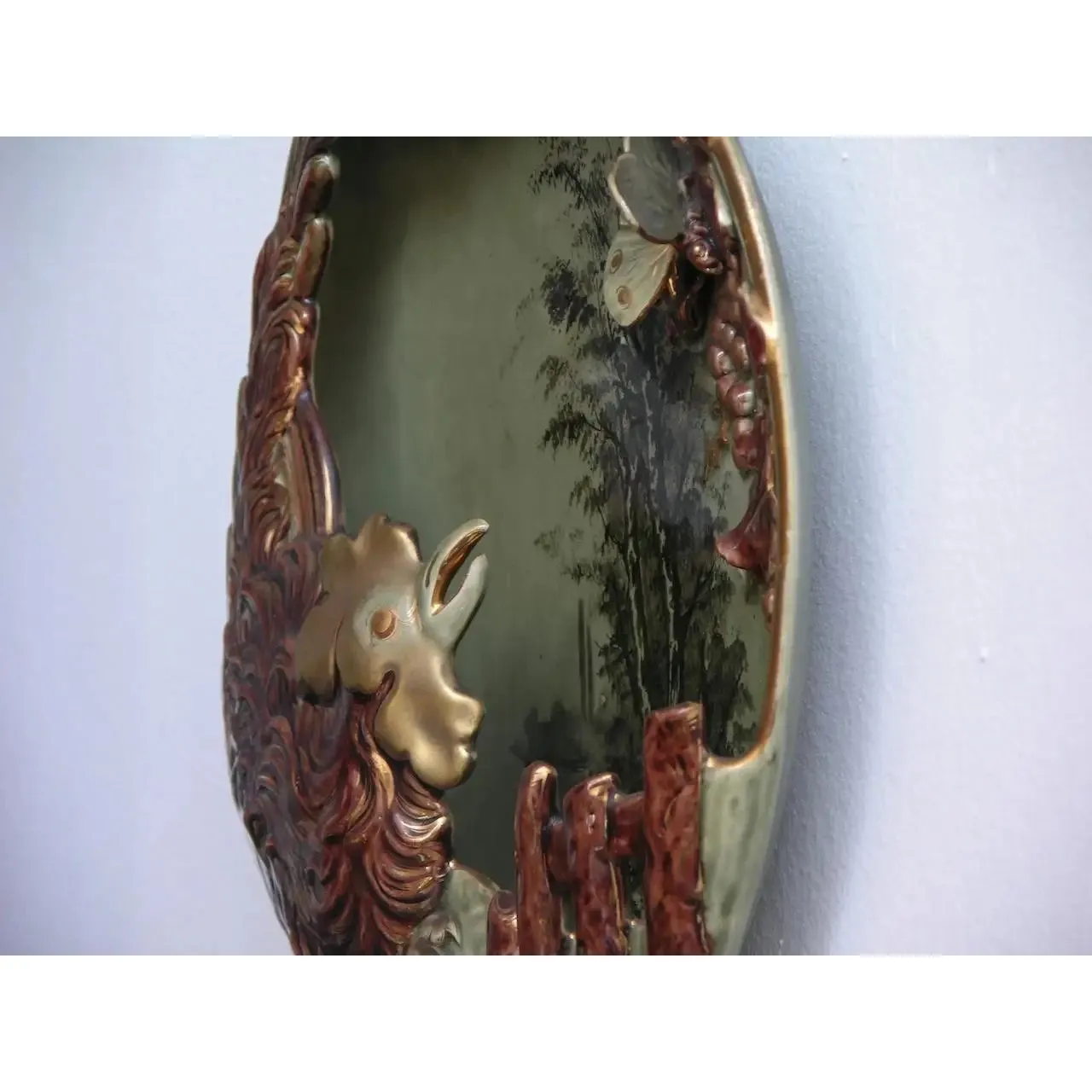 Antique Lunville French Green Brown Gold Majolica Butterfly Wall Pocket Vase