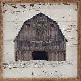 Antique Lettered Barn With Wreath Wood Framed Print 
