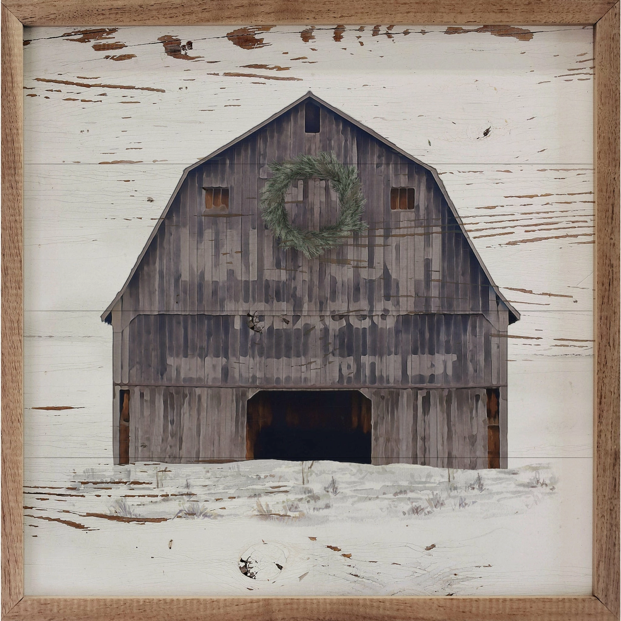 Antique Lettered Barn With Wreath Wood Framed Print 