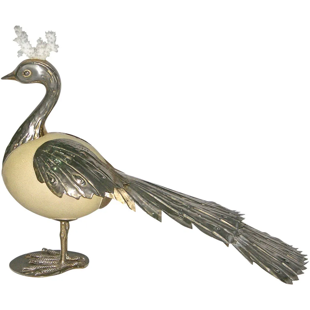 Antonio Pavia 1970s Italian Silver Plated Bird Sculpture with White Coral 