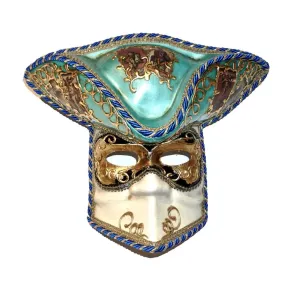 Aqua White and Gold Male Venetian Carnival Mask with Hat 