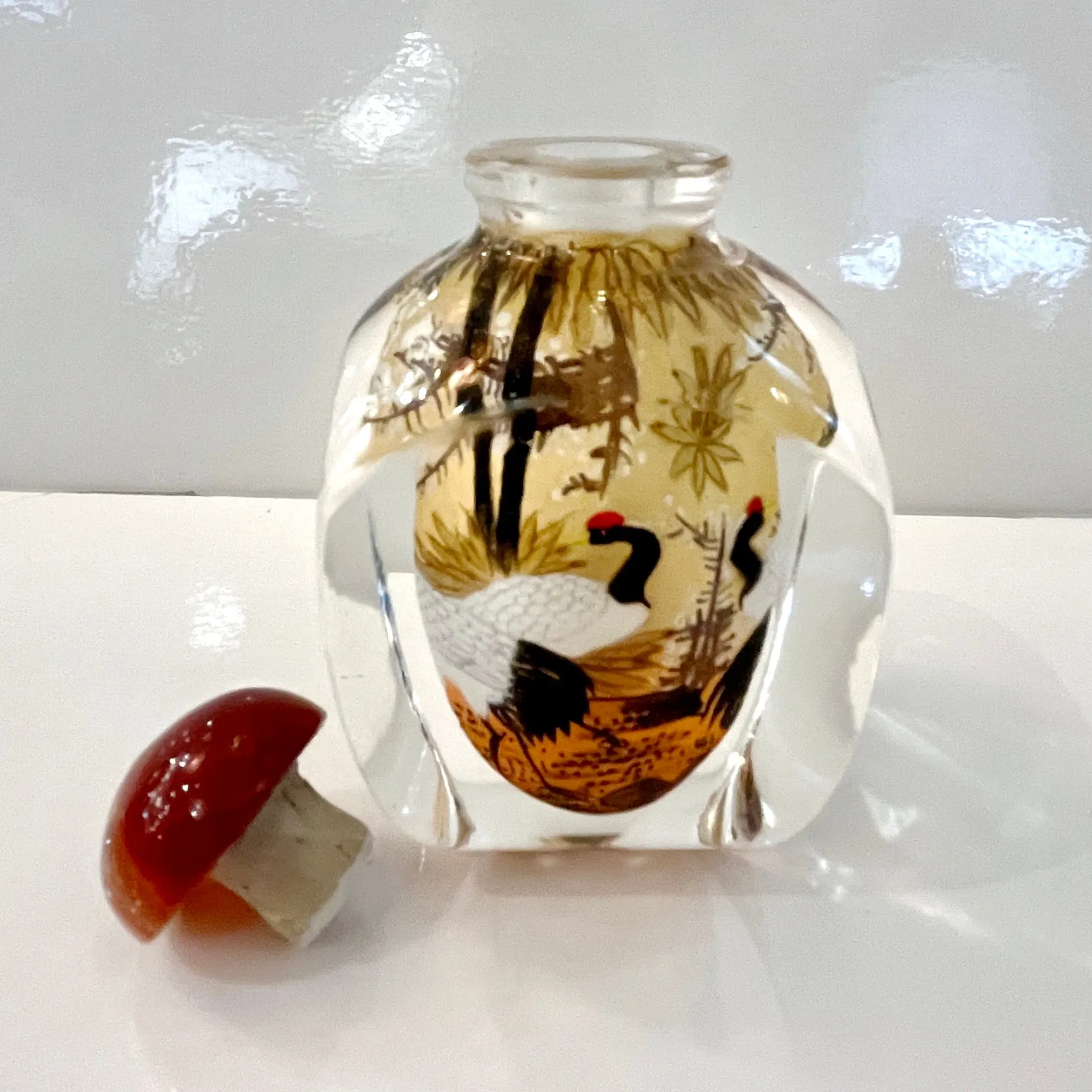 Asian Crane Birds Reverse Painted Cut Glass Decorative Bottle with Agate Stopper