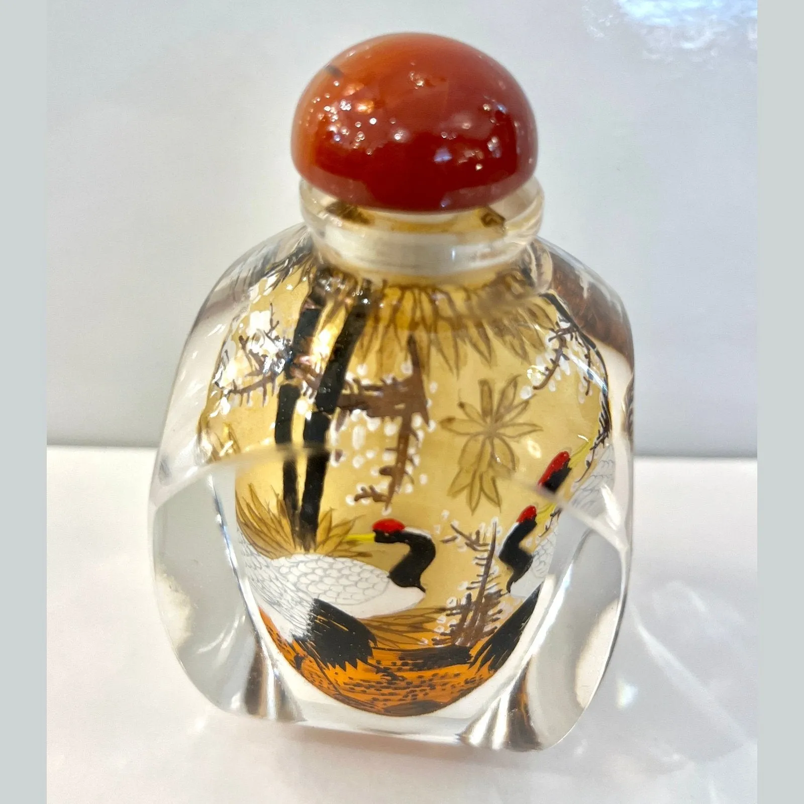 Asian Crane Birds Reverse Painted Cut Glass Decorative Bottle with Agate Stopper