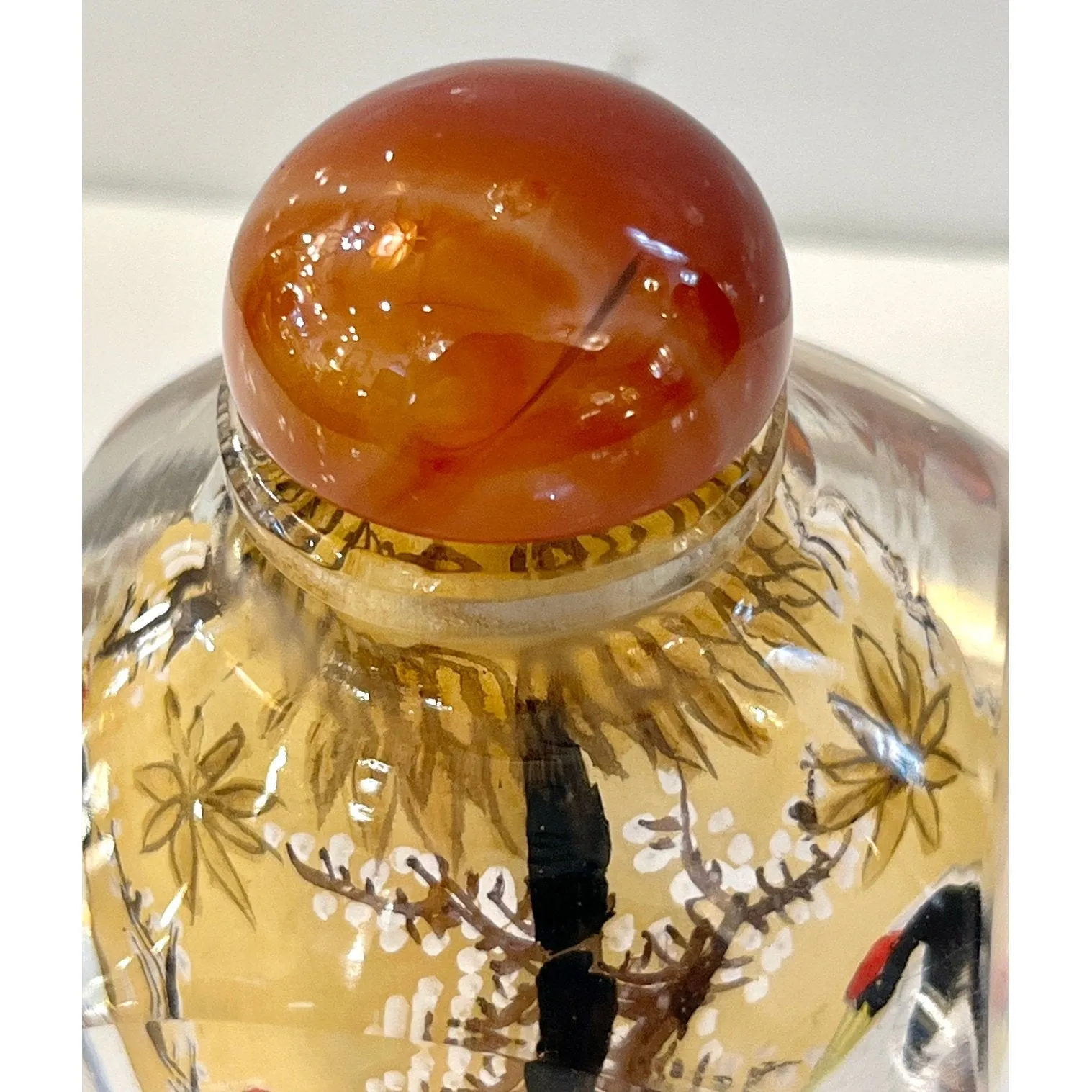 Asian Crane Birds Reverse Painted Cut Glass Decorative Bottle with Agate Stopper