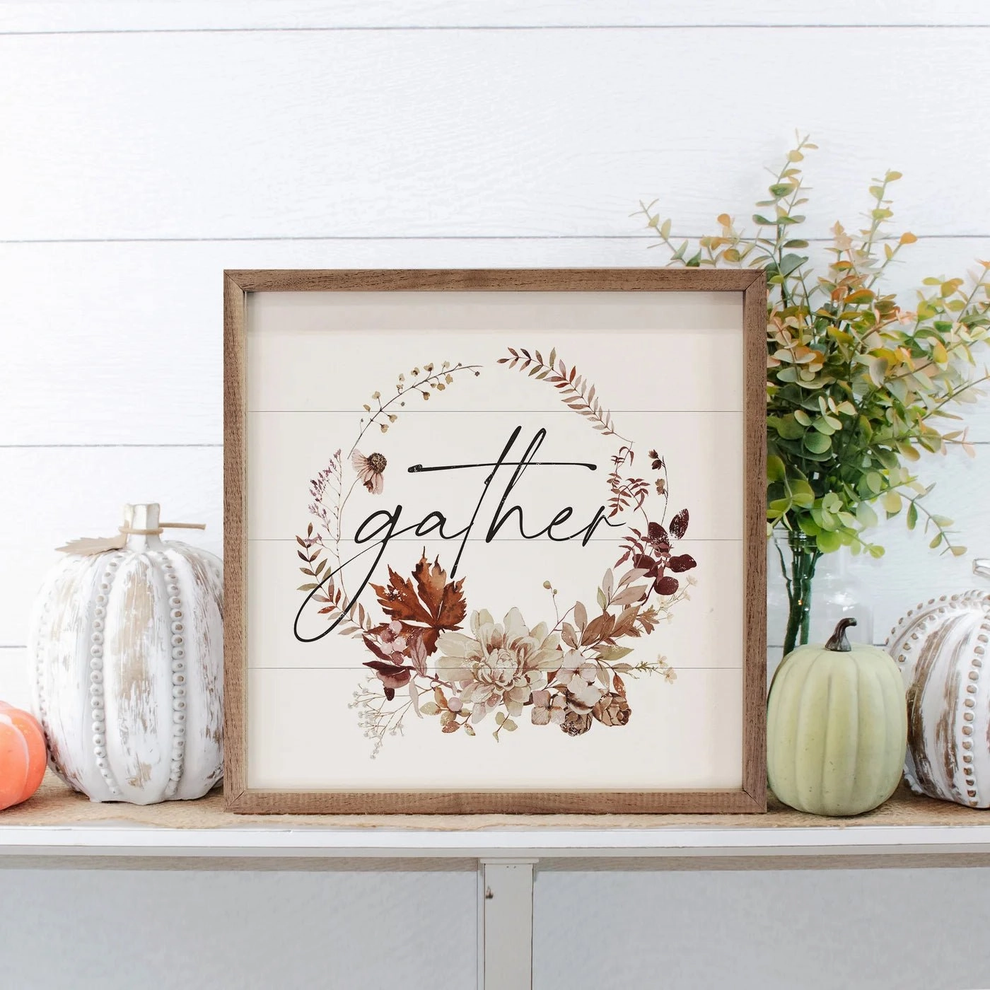 Autumn Gather Wreath Wood Framed Print