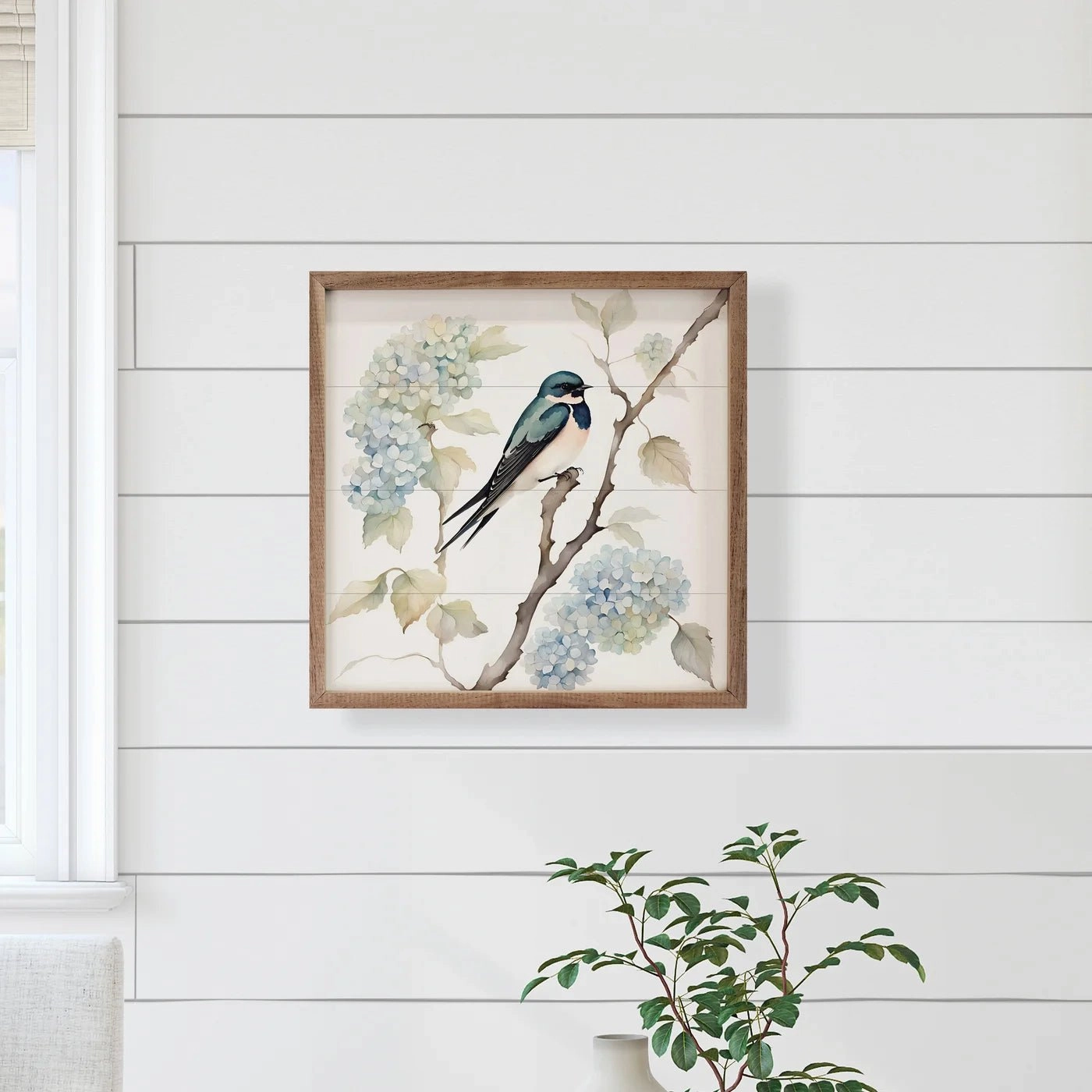 Barn Swallow On Hydrangea Bush Wood Framed Print