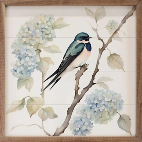 Barn Swallow On Hydrangea Bush Wood Framed Print 