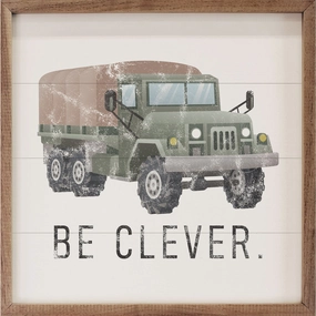 Be Clever Military Truck White Wood Framed Print 