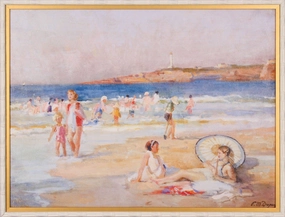 Beach at Biarritz With Lighthouse and Sunbathers Wall Art in Double White & Gold Frame 