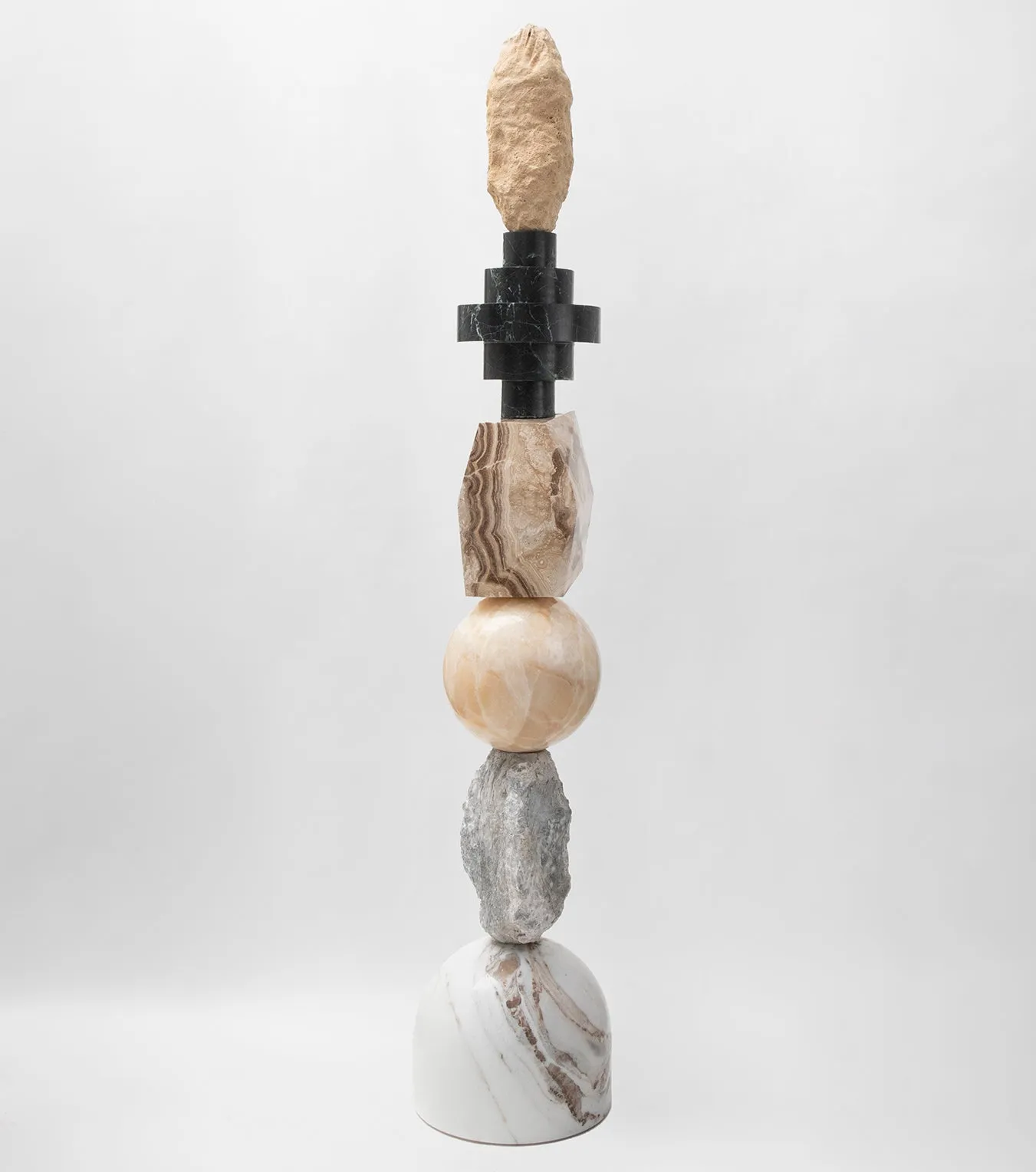 Bespoke Geometric Aqua & Green Marble Golden Onyx Travertine Jewel Like Totem 