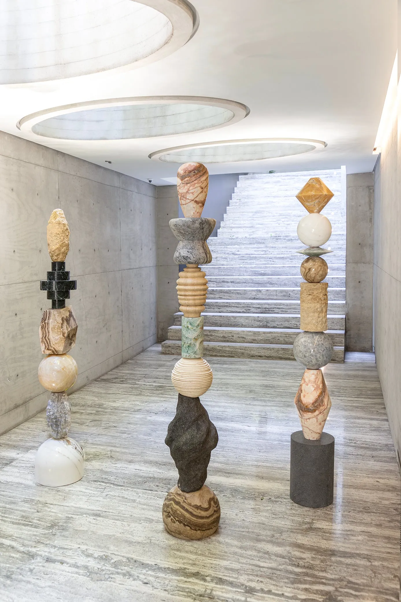Bespoke Geometric Aqua & Green Marble Golden Onyx Travertine Jewel Like Totem