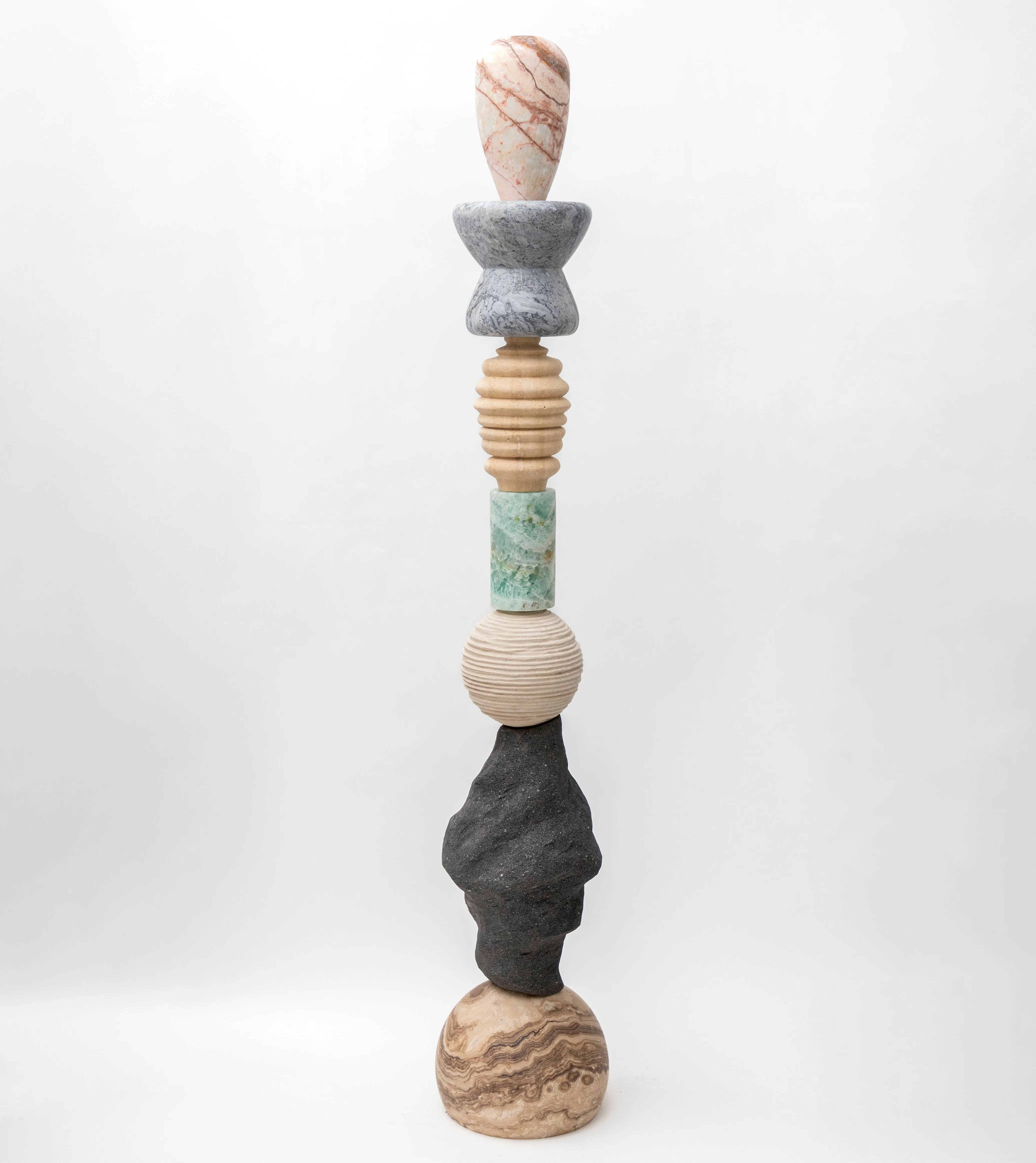 Bespoke Geometric Aqua Marble Pink Onyx Lava Stone Travertine Jewel Like Totem 