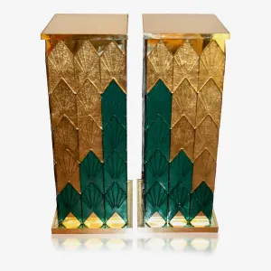Bespoke Italian Art Deco Style Green Gold Murano Glass Brass and Wood Pedestals 