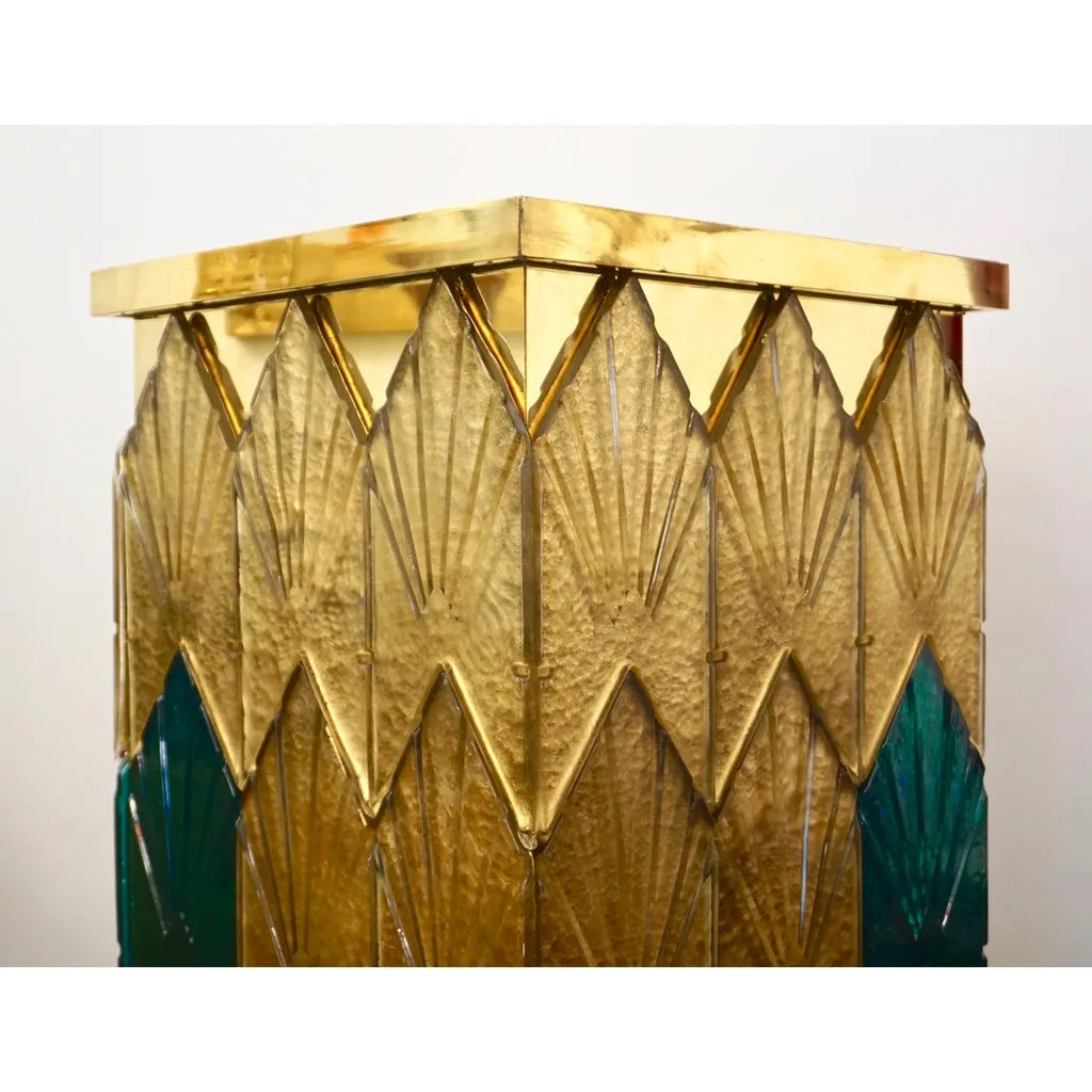 Bespoke Italian Art Deco Style Green Gold Murano Glass Brass and Wood Pedestals