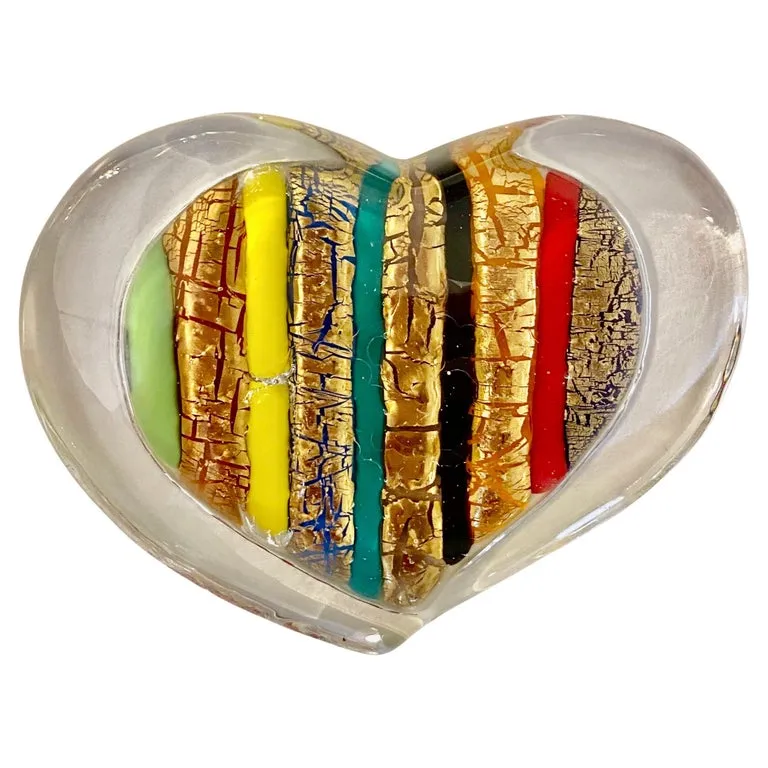 Bespoke Italian Crystal Green Gold Red Murano Glass Heart Shaped Paperweight 